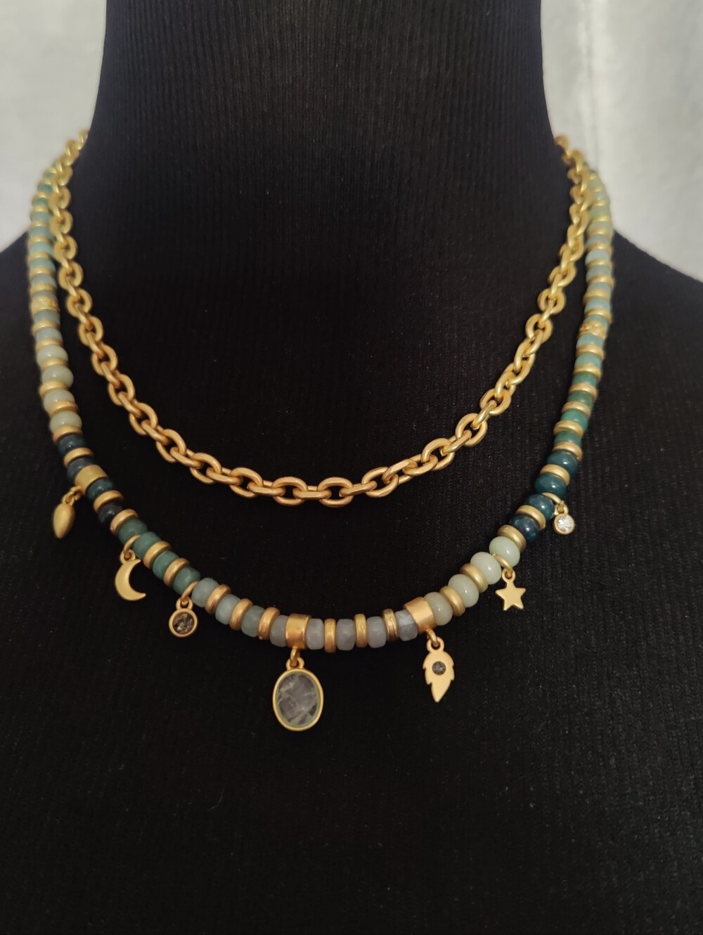 LOFT Celestial Beaded Necklace Gold Tone Aqua Green Blue Moon Star Charms